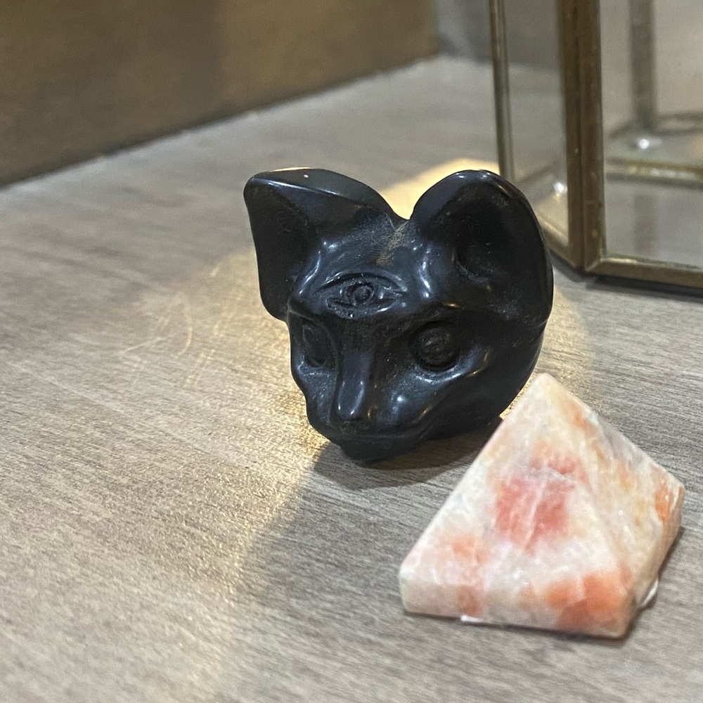 Black Goldsheen Obsidian Carved Cat With 3rd Eye Crystal Figurine